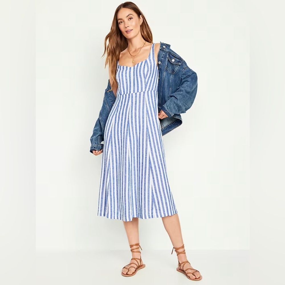 Old Navy Blue & White Striped Square-Neck Midi Dress